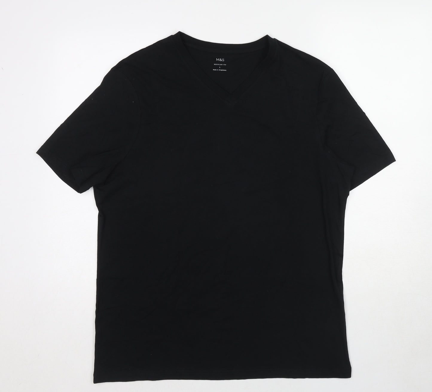 Marks and Spencer Mens Black Cotton T-Shirt Size L V-Neck