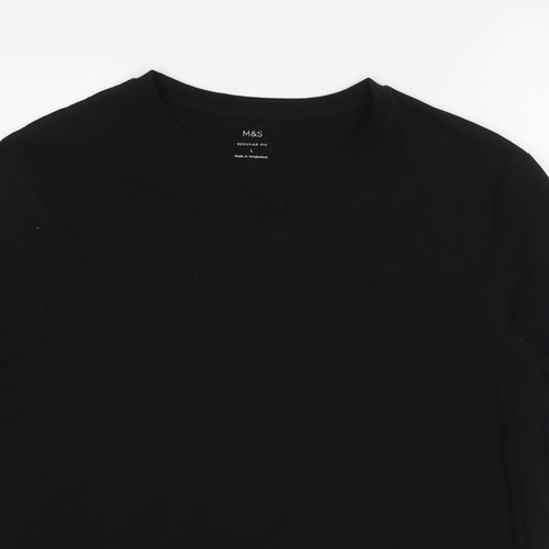 Marks and Spencer Mens Black Cotton T-Shirt Size L V-Neck