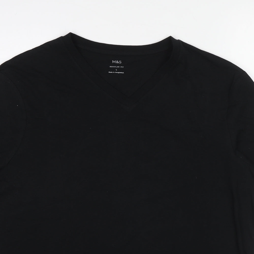 Marks and Spencer Mens Black Cotton T-Shirt Size L V-Neck