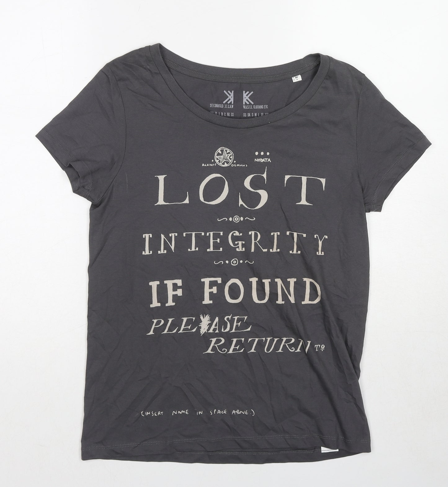 Stanley Womens Grey Cotton Basic T-Shirt Size M Round Neck - Lost Integrity If Found Please Return