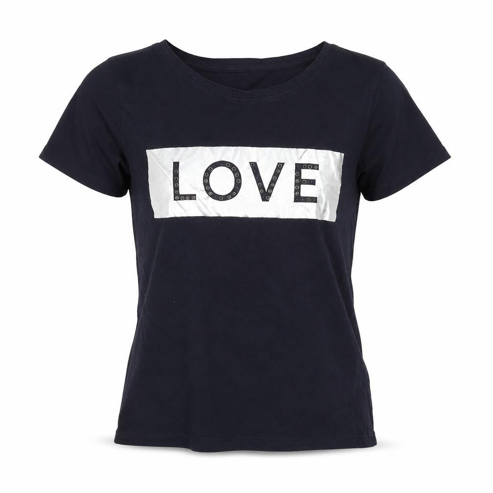 Front view of Sfera women’s blue cotton basic t-shirt, size S, round neck - love