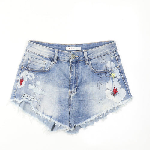 MONDAY Womens Blue Cotton Cut-Off Shorts Size M Regular Zip - Flower detail