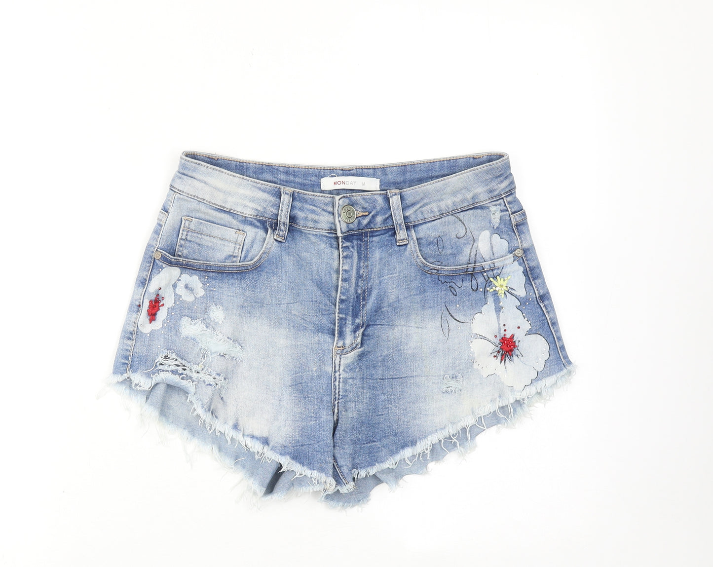 MONDAY Womens Blue Cotton Cut-Off Shorts Size M Regular Zip - Flower detail