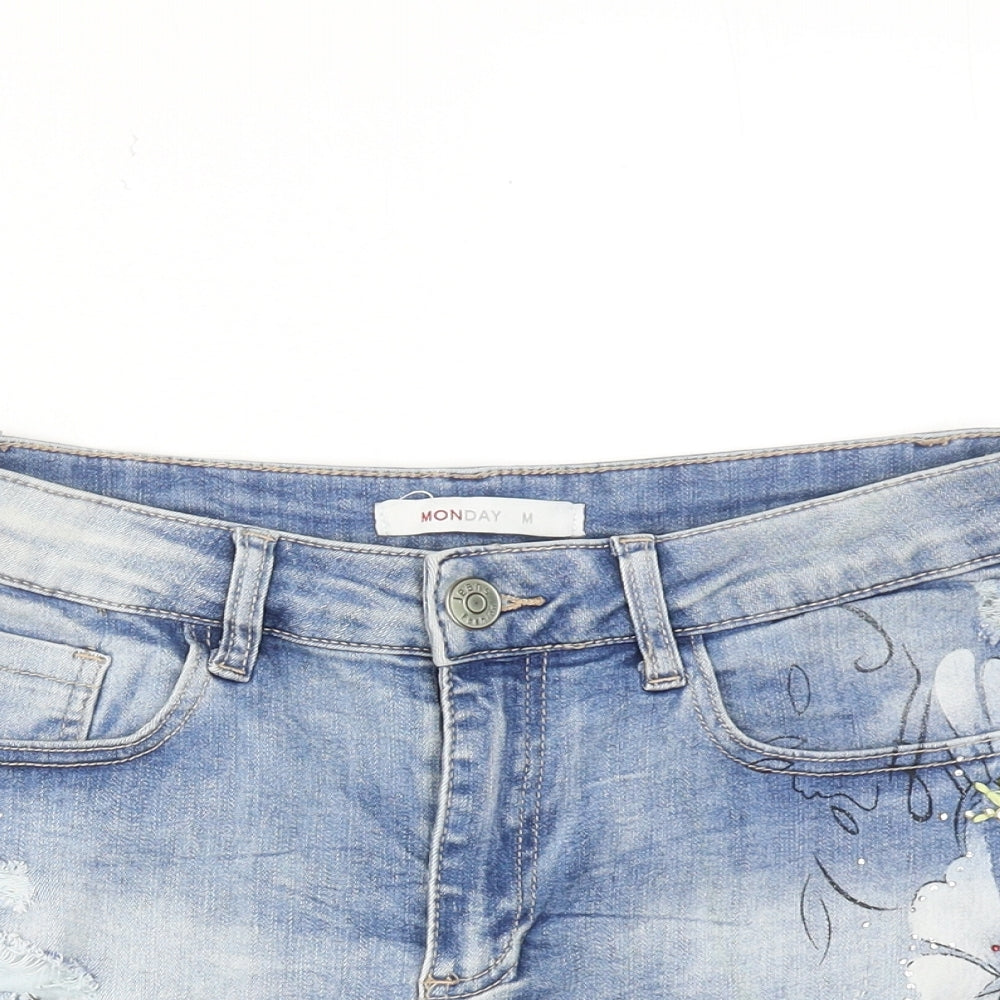 MONDAY Womens Blue Cotton Cut-Off Shorts Size M Regular Zip - Flower detail