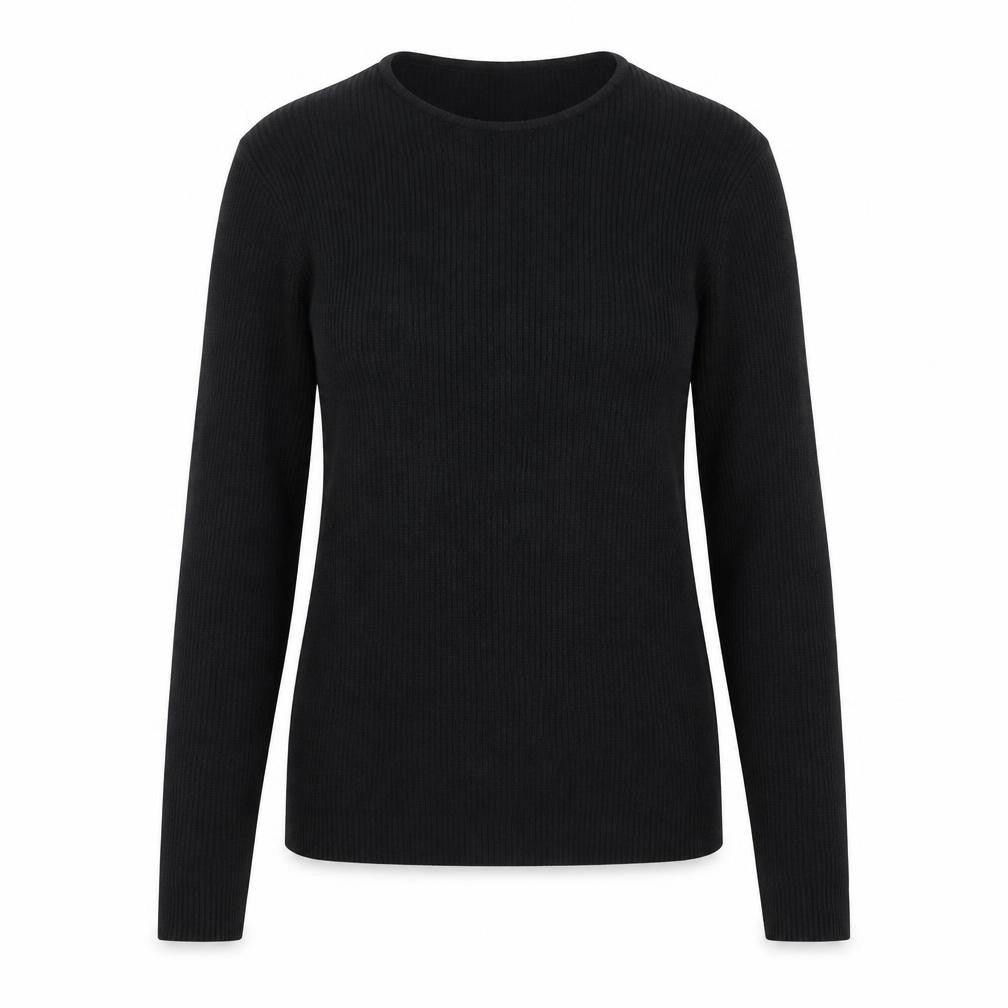 Front view of Karen Scott women’s black round neck acrylic jumper, size M