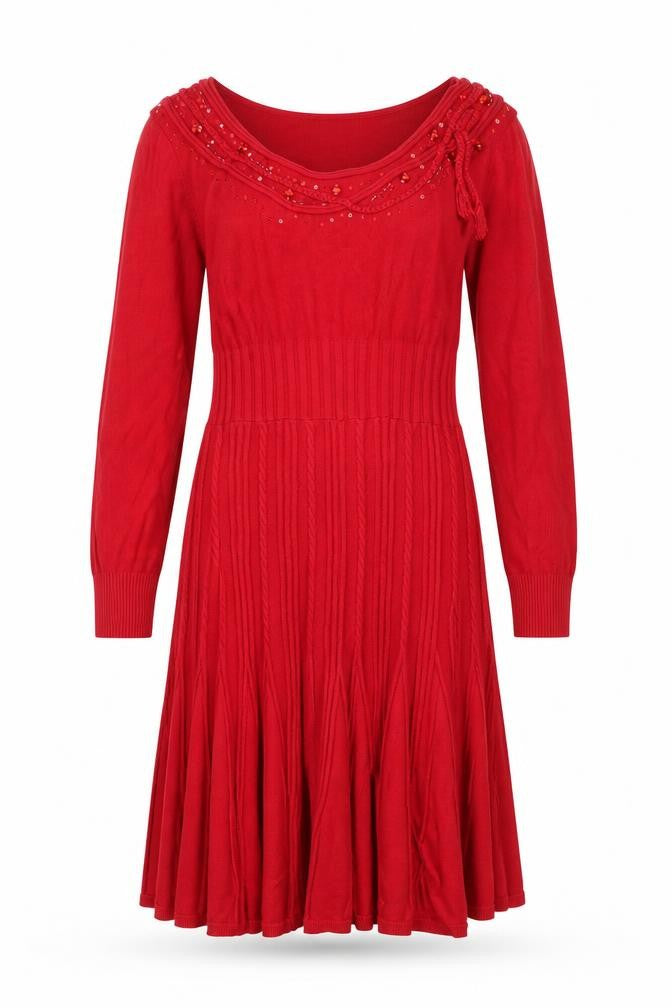 Front view of Per Una women’s red viscose a-line, size UK 12, round neck pullover
