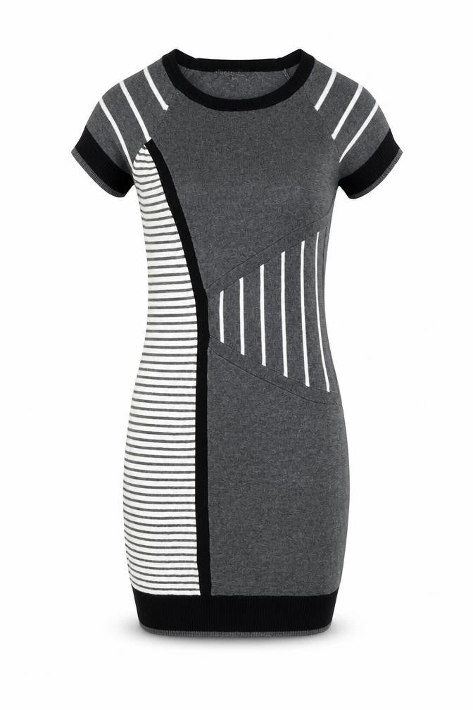 Front view of Warehouse women’s grey geometric viscose shift, size UK 6, round neck pullover