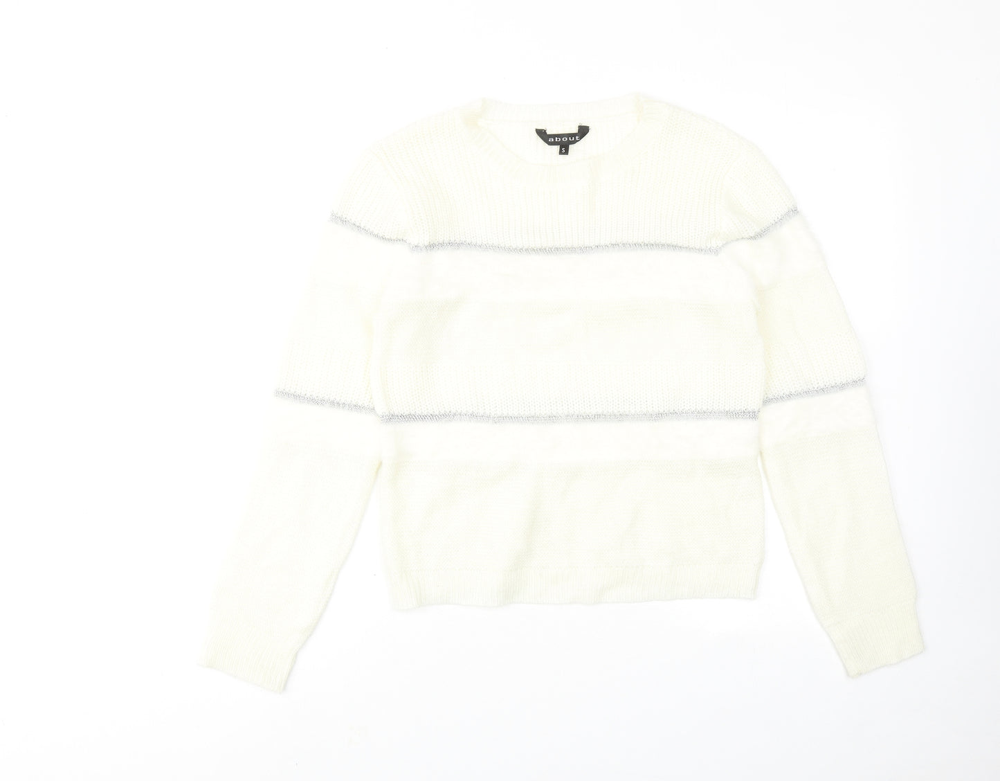 About Womens Ivory Round Neck Striped Acrylic Pullover Jumper Size S