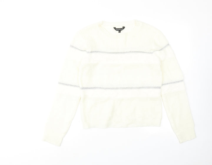 About Womens Ivory Round Neck Striped Acrylic Pullover Jumper Size S
