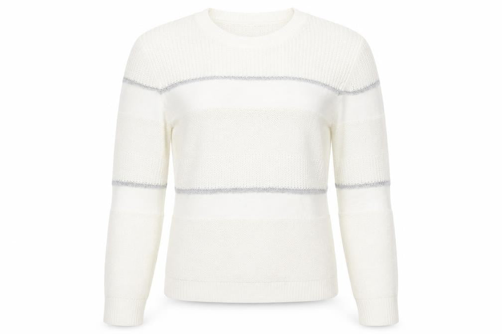 Front view of About women’s ivory round neck striped acrylic jumper, size S