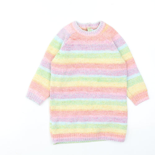 NEXT Girls Multicoloured Striped Polyester Jumper Dress Size 2 Years Round Neck Button