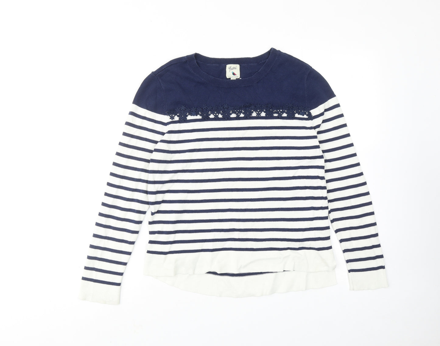 Yumi Womens Blue Round Neck Striped Cotton Pullover Jumper Size S