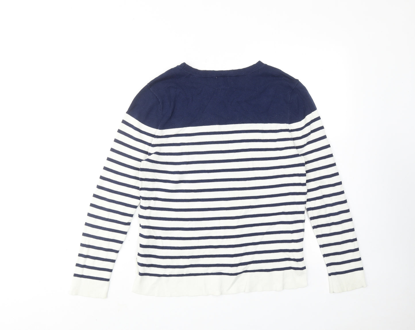 Yumi Womens Blue Round Neck Striped Cotton Pullover Jumper Size S