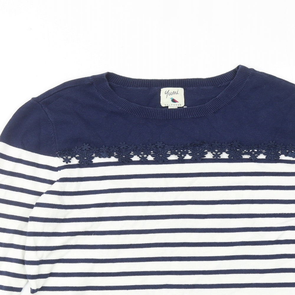 Yumi Womens Blue Round Neck Striped Cotton Pullover Jumper Size S