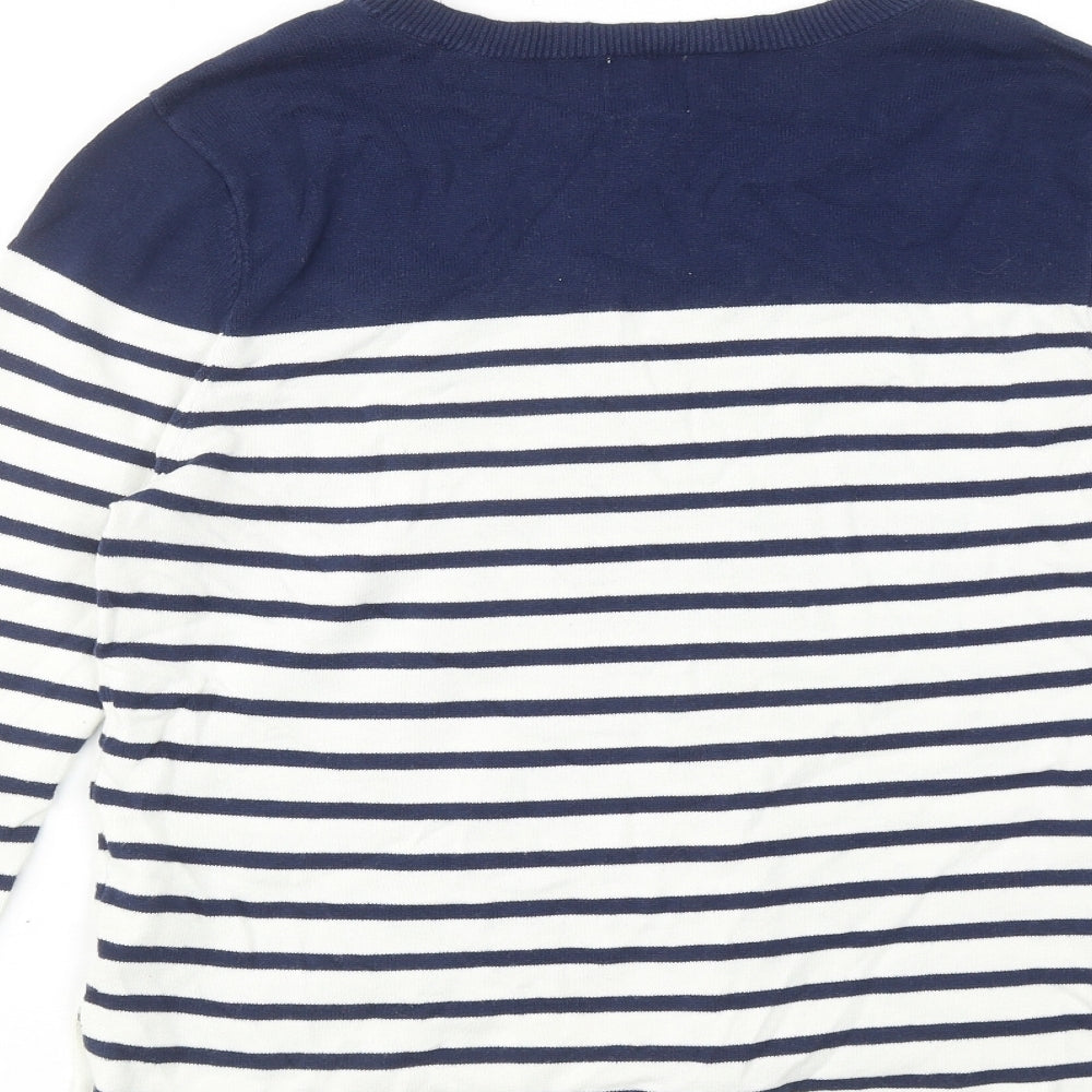 Yumi Womens Blue Round Neck Striped Cotton Pullover Jumper Size S