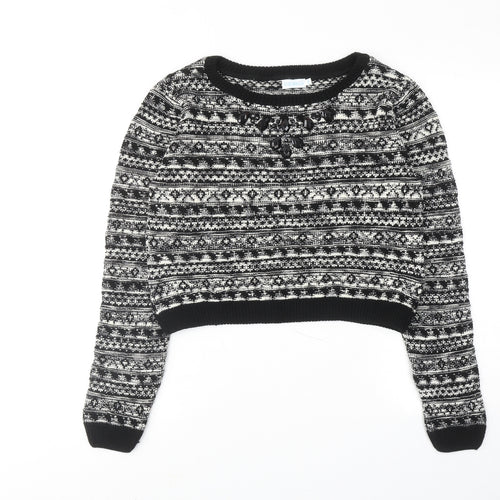 BLUE VANILLA Womens Black Round Neck Geometric Acrylic Pullover Jumper Size M