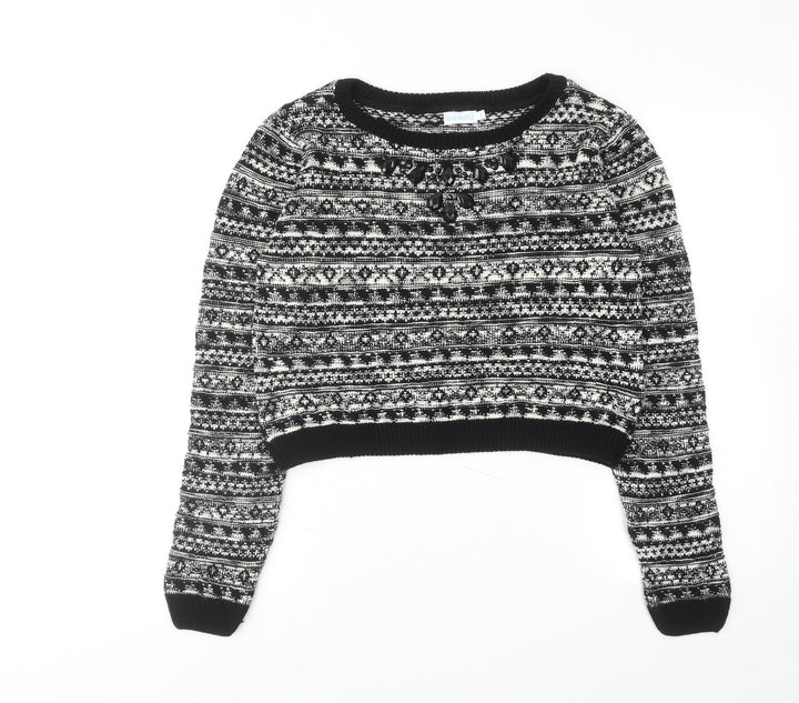 BLUE VANILLA Womens Black Round Neck Geometric Acrylic Pullover Jumper Size M