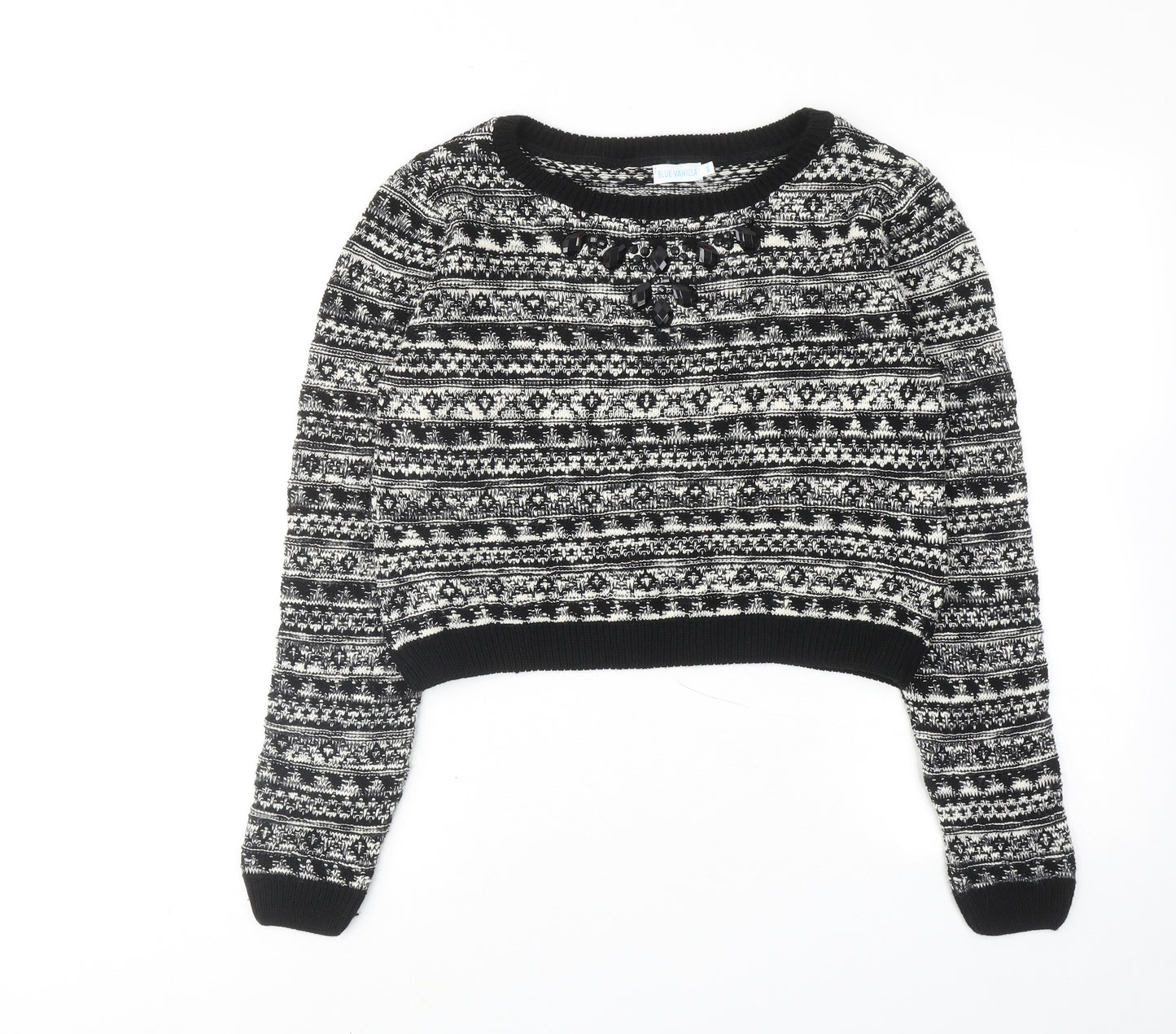 BLUE VANILLA Womens Black Round Neck Geometric Acrylic Pullover Jumper Size M