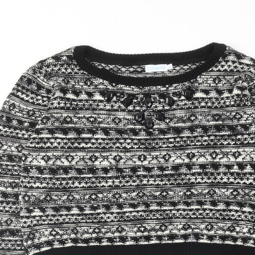 BLUE VANILLA Womens Black Round Neck Geometric Acrylic Pullover Jumper Size M