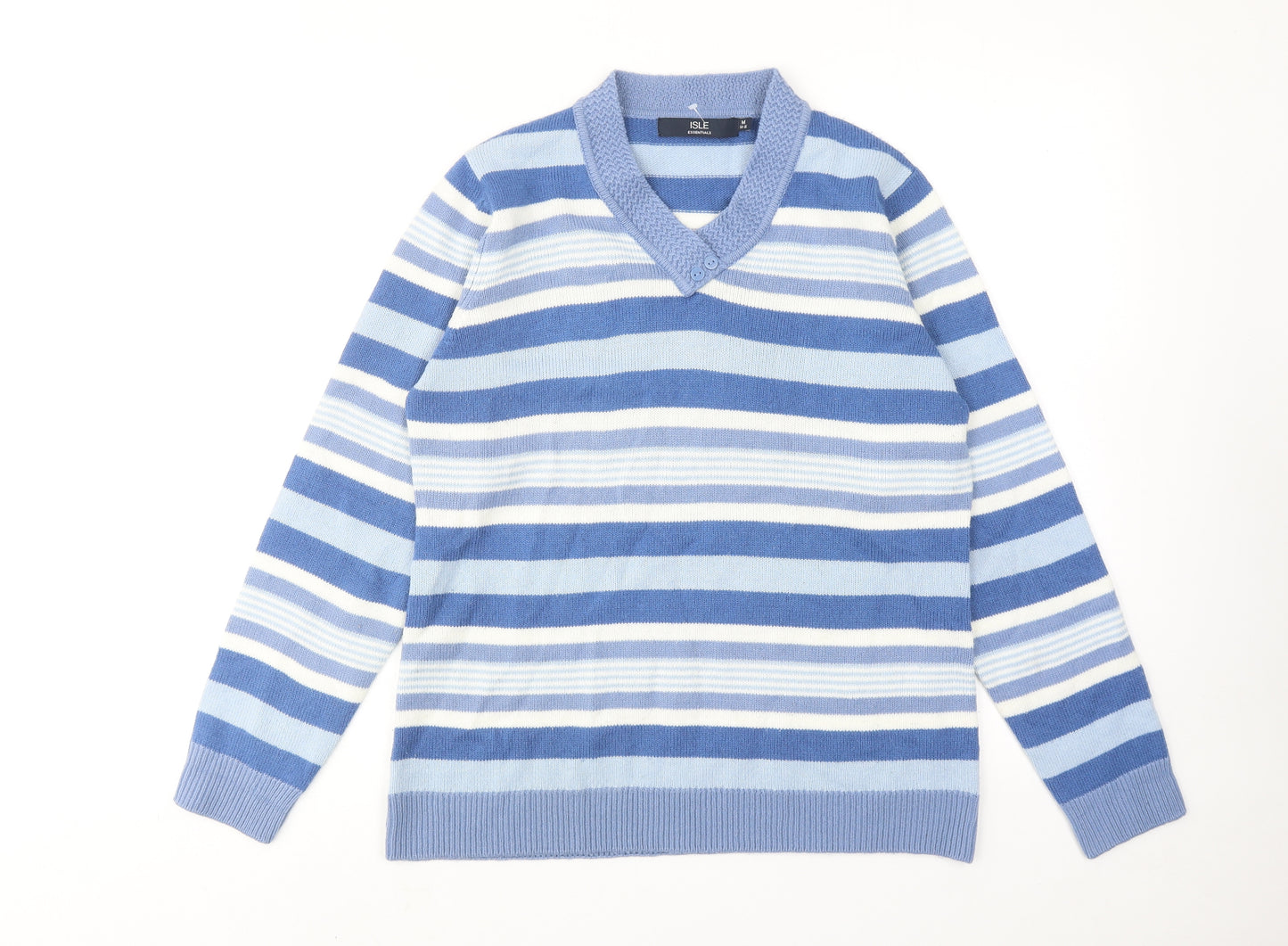 EWM Womens Blue V-Neck Striped Acrylic Pullover Jumper Size 14 - Size 14-16