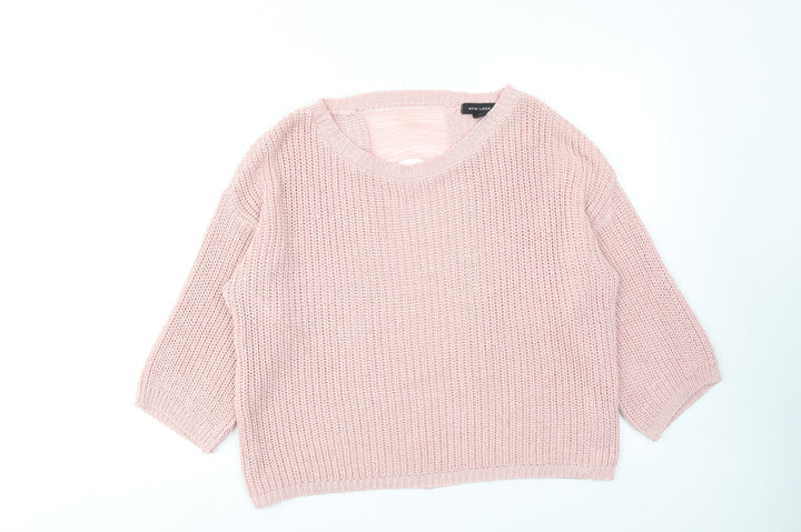 New Look Womens Pink Round Neck Acrylic Pullover Jumper Size M - Distressed Back Detail