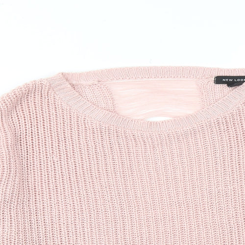 New Look Womens Pink Round Neck Acrylic Pullover Jumper Size M - Distressed Back Detail