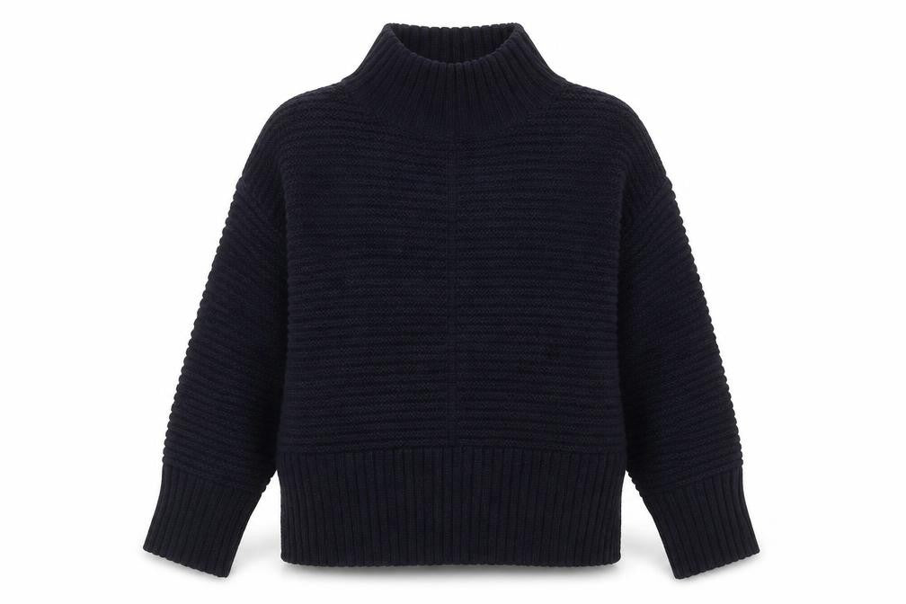 Front view of Topshop women’s blue mock neck acrylic jumper, size UK 8