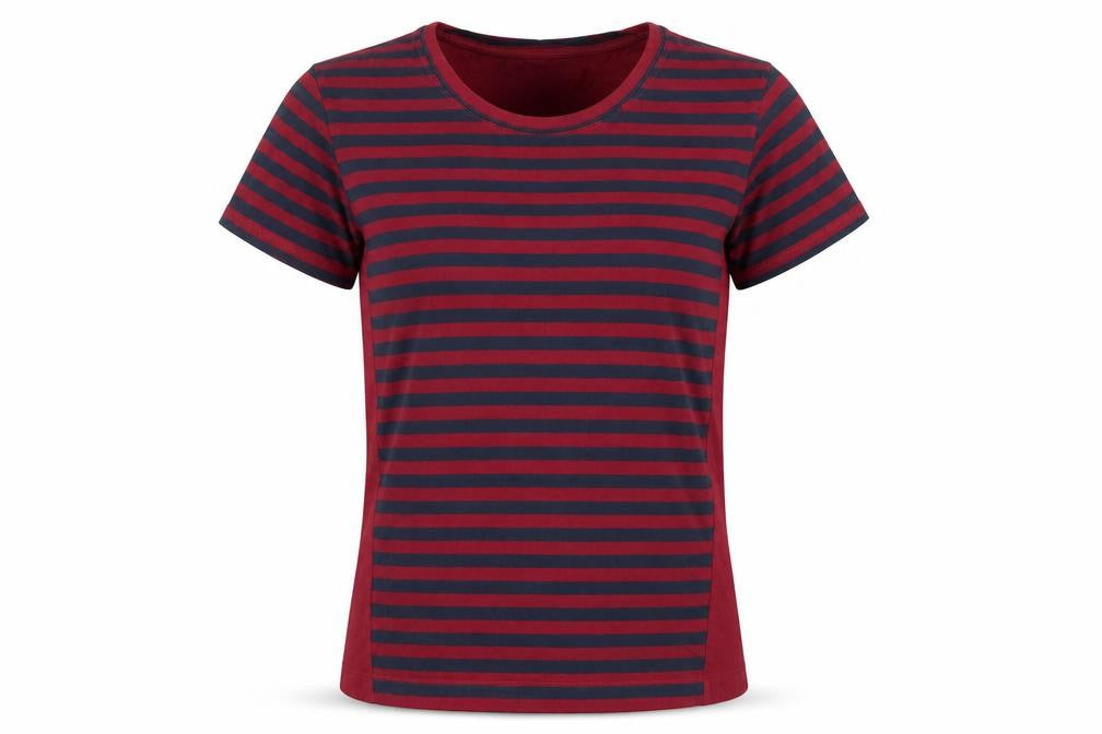 Front view of Finery women’s red striped cotton basic t-shirt, size UK 10, round neck