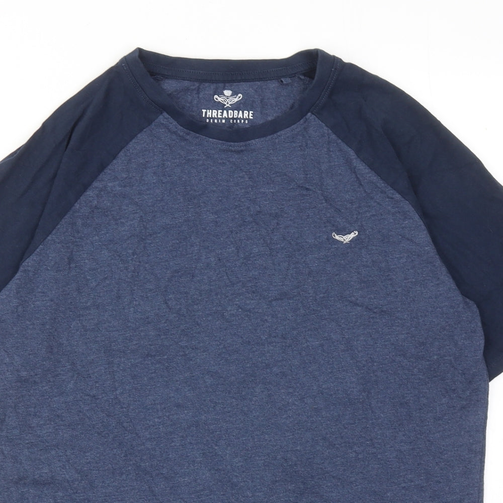 Threadbare Mens Blue Colourblock Cotton T-Shirt Size S Round Neck