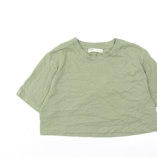 Pull&Bear Womens Green Cotton Cropped T-Shirt Size S Round Neck