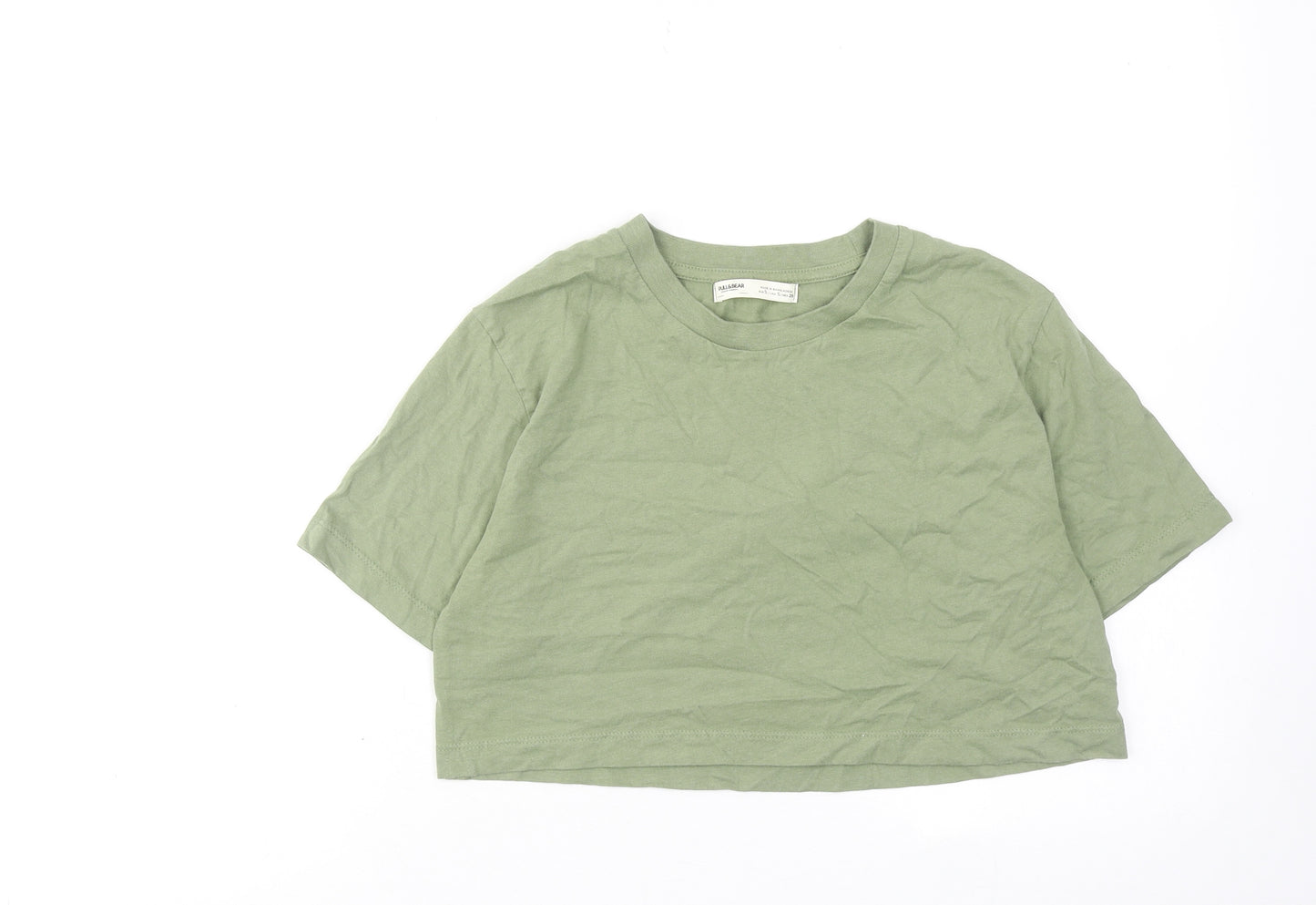 Pull&Bear Womens Green Cotton Cropped T-Shirt Size S Round Neck