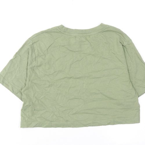 Pull&Bear Womens Green Cotton Cropped T-Shirt Size S Round Neck
