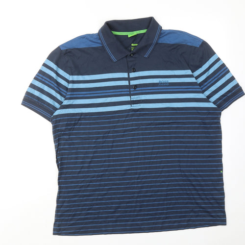 HUGO BOSS Mens Blue Striped Cotton Polo Size L Collared Button