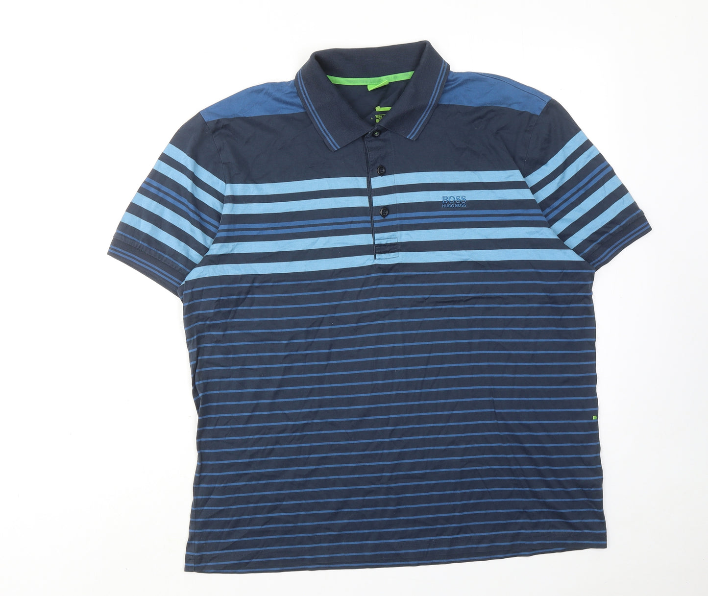 HUGO BOSS Mens Blue Striped Cotton Polo Size L Collared Button