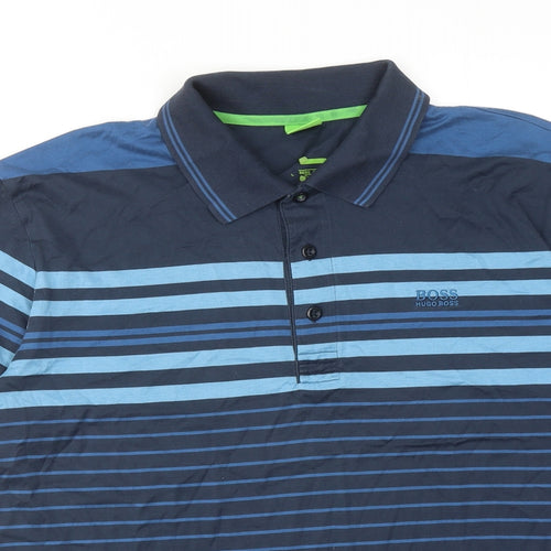 HUGO BOSS Mens Blue Striped Cotton Polo Size L Collared Button