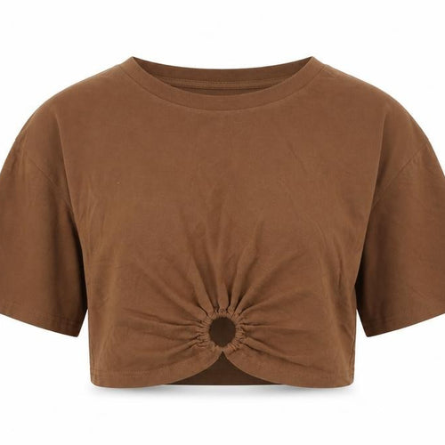 Urban Revivo Womens Brown Cotton Cropped T-Shirt Size 8 Round Neck - Ring Detail