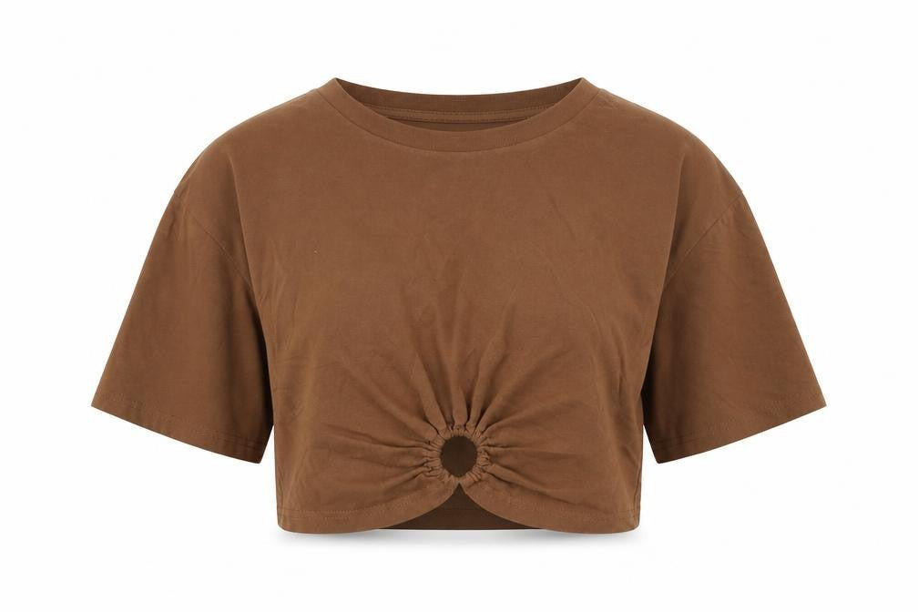 Urban Revivo Womens Brown Cotton Cropped T-Shirt Size 8 Round Neck - Ring Detail