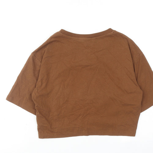 Urban Revivo Womens Brown Cotton Cropped T-Shirt Size 8 Round Neck - Ring Detail