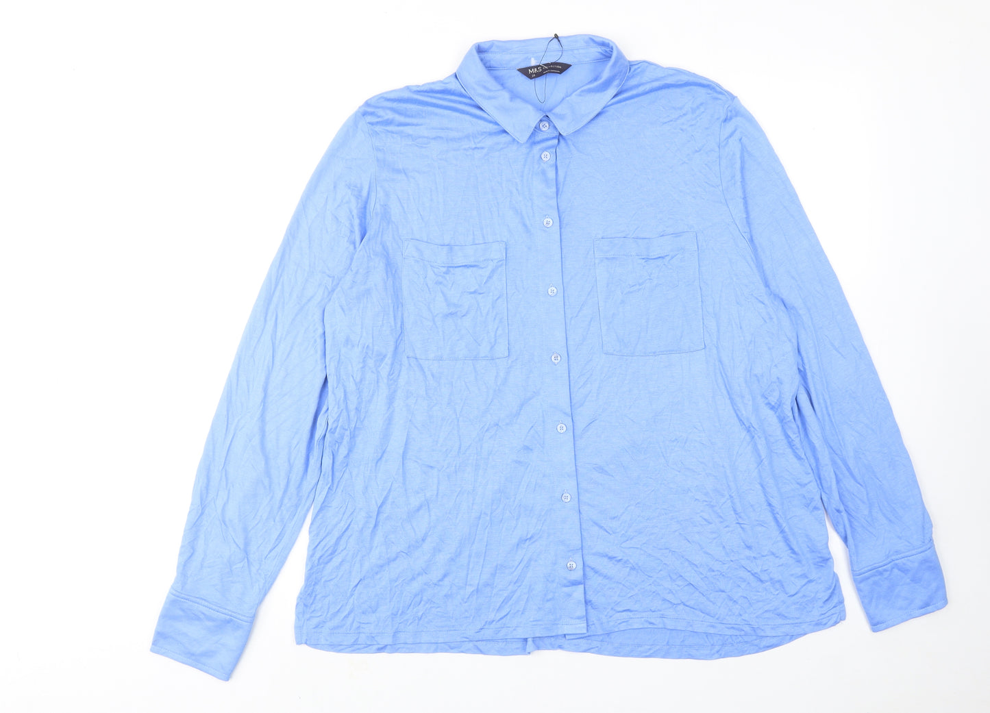 Marks and Spencer Womens Blue Viscose Basic Button-Up Size 20 Collared