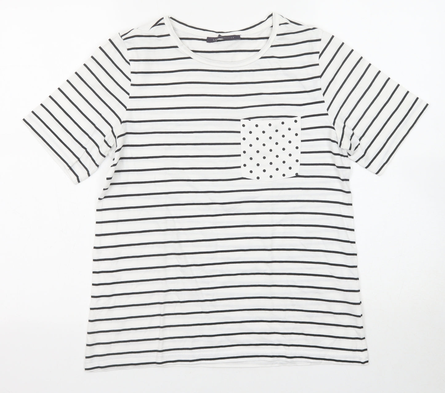 Marks and Spencer Womens Black Striped Cotton Basic T-Shirt Size 12 Round Neck