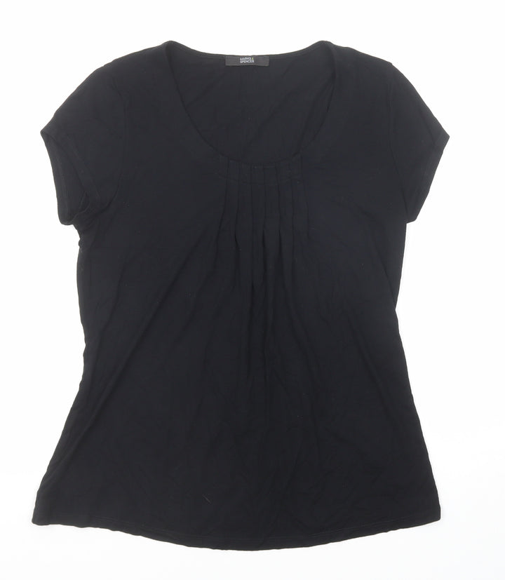 Marks and Spencer Womens Black Viscose Basic T-Shirt Size 8 Scoop Neck - Pleat Front Detail