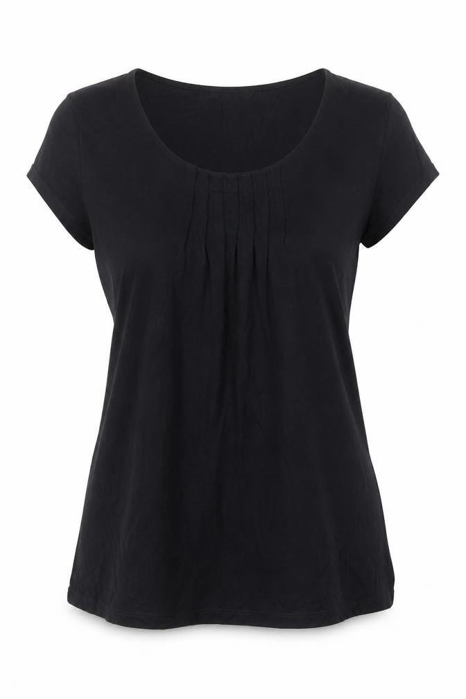 Marks and Spencer Womens Black Viscose Basic T-Shirt Size 8 Scoop Neck - Pleat Front Detail
