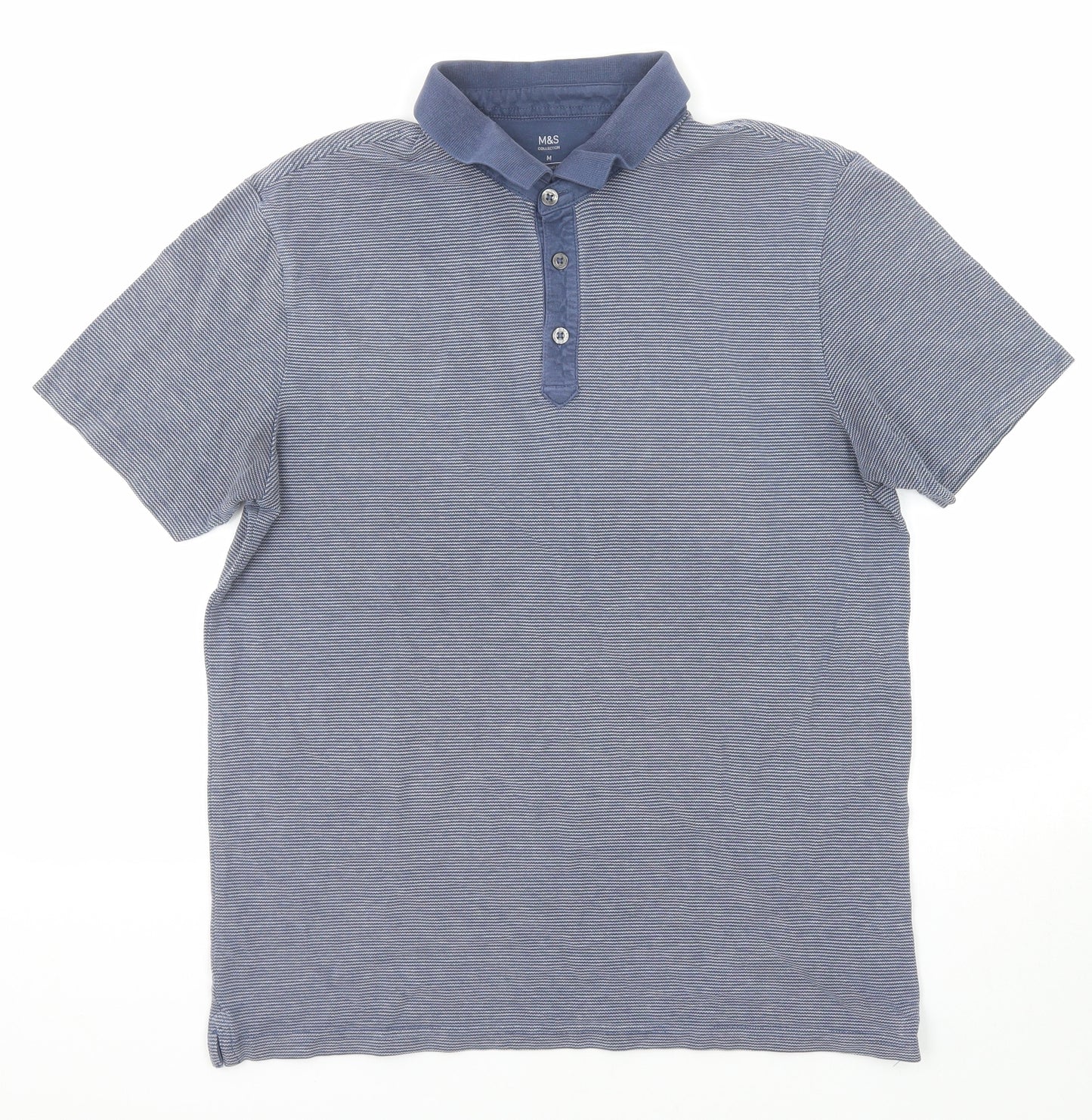 Marks and Spencer Mens Blue Striped Cotton Polo Size M Collared Button