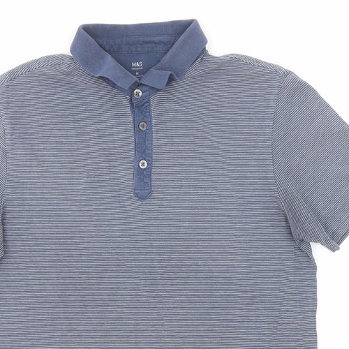 Marks and Spencer Mens Blue Striped Cotton Polo Size M Collared Button