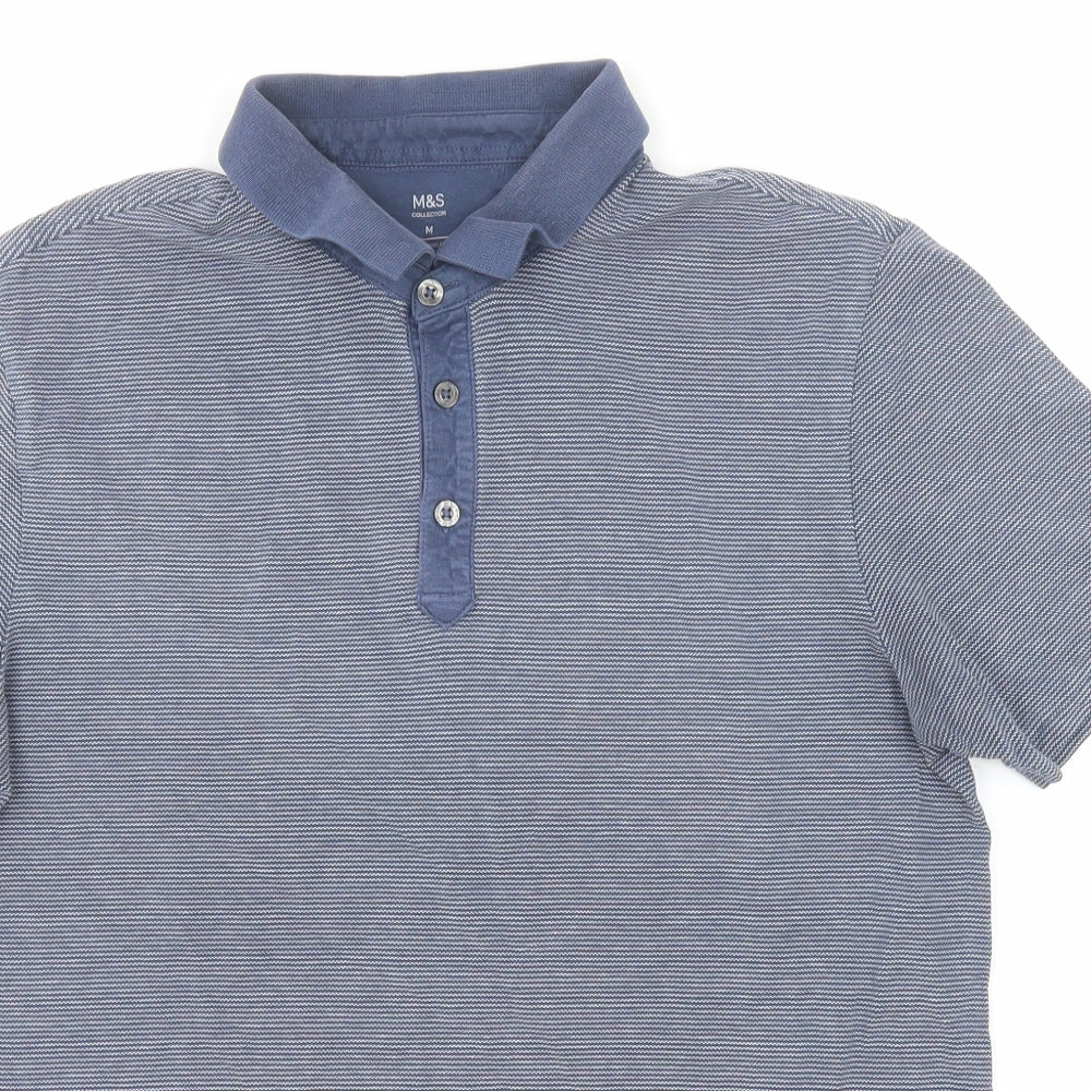 Marks and Spencer Mens Blue Striped Cotton Polo Size M Collared Button