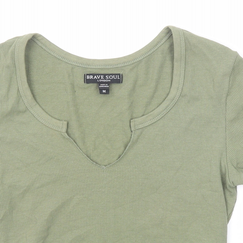 Brave Soul Womens Green Cotton Basic T-Shirt Size M V-Neck - Ribbed