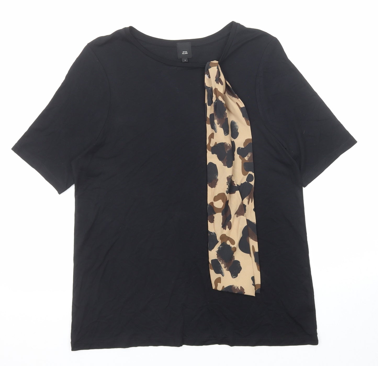River Island Womens Black Viscose Basic T-Shirt Size S Boat Neck - Tie Neck Detail