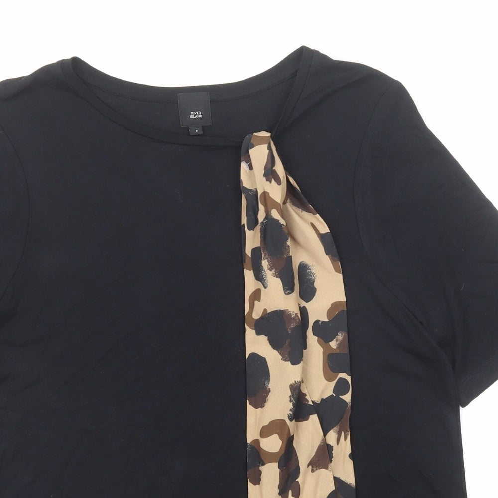 River Island Womens Black Viscose Basic T-Shirt Size S Boat Neck - Tie Neck Detail