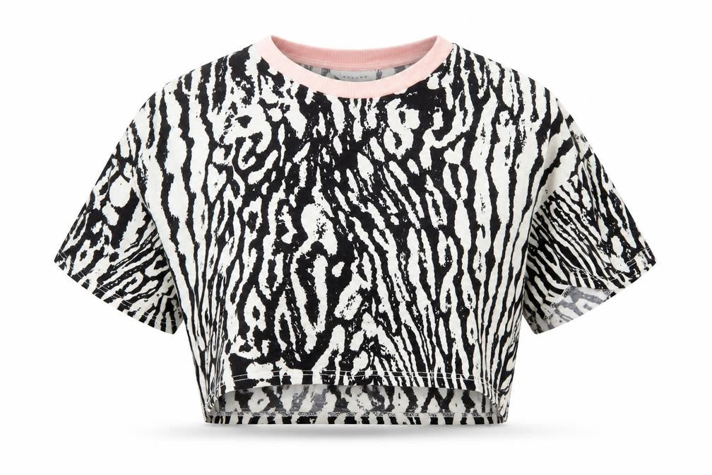 Topshop Womens Black Animal Print Cotton Cropped T-Shirt Size XS Round Neck