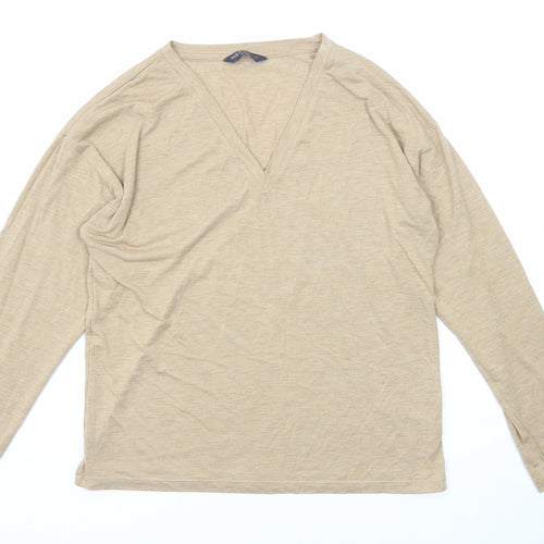 Marks and Spencer Womens Beige Polyester Basic T-Shirt Size 8 V-Neck
